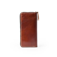 Dark Brown Handmade Leather Mens Long Wallet Zipper Bifold Long Clutch Wallets For Men - imessengerbags