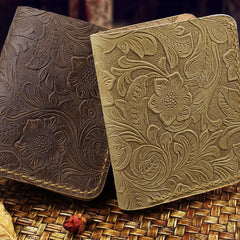 Handmade Leather Floral Mens Cool Slim Leather Wallet Men billfold Wallets Bifold for Men - imessengerbags
