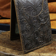 Handmade Leather Floral Mens License Wallets Cool Short Wallet Card Holder Small Card Slim Wallets for Men