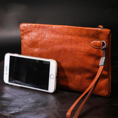 Handmade Leather Mens Clutch Cool Slim Wallet Zipper Clutch Wristlet Wallet for Men