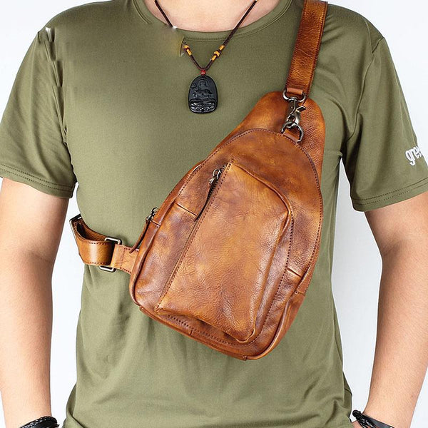 Cool Brown MENS LEATHER Sling Bag Chest Bag Coffee One Shoulder Backpack For Men - imessengerbags