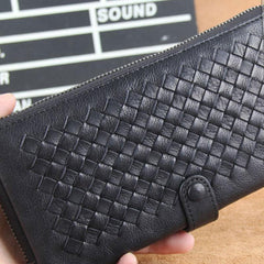 Genuine Leather Mens Cool Braided Wallet Long Leather Wallet Clutch Wristlet Wallet for Men - imessengerbags
