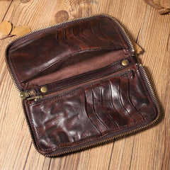 Handmade Leather Mens Long Chain Wallet Bifold Biker Wallet Zipper Clutch Wallet for Men