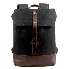 Cool Waxed Canvas Black Leather Waterproof 15'' Barrel Backpack Travel Backpack Bucket Hiking Backpack for Men - imessengerbags