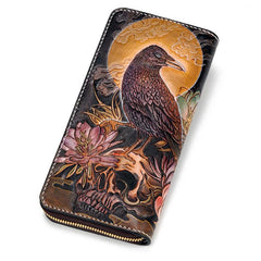 Handmade Leather Mens Clutch Wallet Cool Gold Toad Triped Crow Tooled Wallet Long Zipper Wallets for Men - imessengerbags
