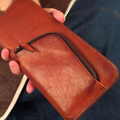 Genuine Leather Mens Cool Long Leather Phone Wallet Zipper Clutch Wristlet Wallet for Men - imessengerbags