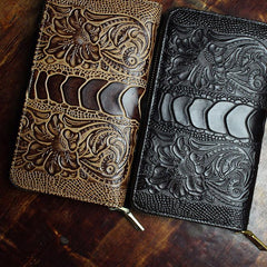 Handmade Leather Mens Tooled Floral Cool Zipper Phone Travel Long Wallet Card Holder Card Slim Clutch Wallets for Men - imessengerbags