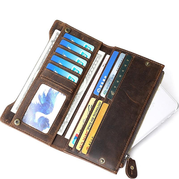 Cool Dark Brown Mens Leather Long Wallet Bifold Long Multi-Cards Wallet for Men