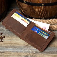 Brown Cool Leather Mens Bifold Small Wallet Thin Front Pocket Wallets Slim billfold Wallet for Men