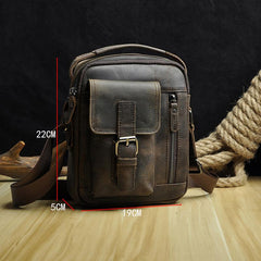 Dark Brown Leather Small Zipper Messenger Bag Vertical Side Bag Brown Courier Bag For Men