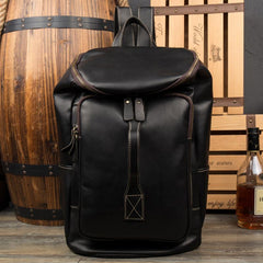 Black Fashion Mens Leather 15-inch Computer Barrel Backpack Brown Travel Bucket Backpacks School Backpacks for men - imessengerbags