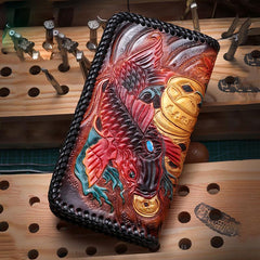 Handmade Leather Mens Clutch Wallet Cool Carp Tooled Wallet Long Zipper Wallets for Men - imessengerbags