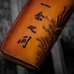 Handmade Leather Mens Clutch Wallet Cool Buddha&Demon Tooled Wallet Long Zipper Wallets for Men - imessengerbags