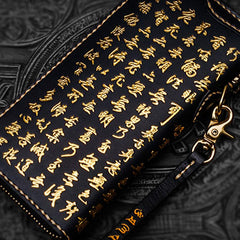 Handmade Leather Mens Chain Chinese Handwriting Biker Wallet Cool Leather Wallet Long Phone Wallets for Men