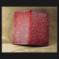 Handmade Leather Tooled Trifold Henna Floral Mens Long Wallet Cool Leather Wallet Clutch Wallet for Men - imessengerbags