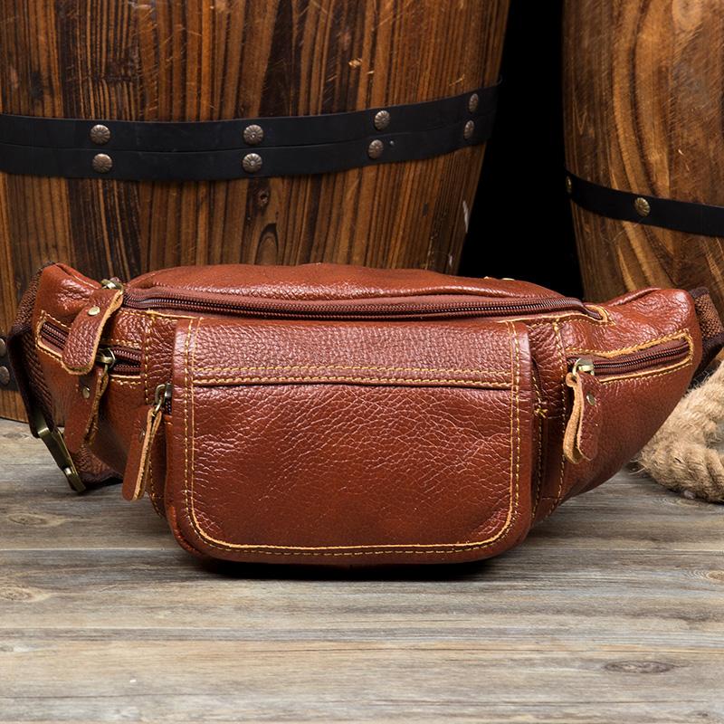 Vintage Black Leather Mens Fanny Pack Waist Bags Coffee Hip Pack Belt Bag Brown Bumbag for Men - imessengerbags