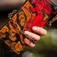 Handmade Leather Tooled Chinese Monster Mens Chain Biker Wallet Cool Leather Wallet Zipper Long Phone Wallets for Men