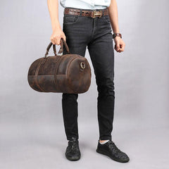 Dark Brown Leather Mens Barrel Overnight Bag Duffle Bag Travel Bag Weekender Bag for Men