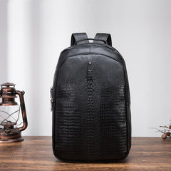 Black Cool Mens Leather College Backpack Laptop Backpack Black Travel Backpack for Men - imessengerbags