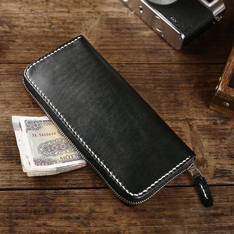 Cool Leather Mens Black Long Wallet Brown Handmade Zipper Wallet Long Wallet For Men - imessengerbags