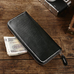 Cool Leather Mens Black Long Wallet Brown Handmade Zipper Wallet Long Wallet For Men - imessengerbags