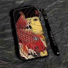 Badass Black Handmade Leather Men's Long Biker Wallet Coffee Tooled Carp Zipper Chain Wallets For Men - imessengerbags