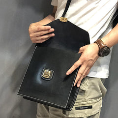 Business Black Leather Mens 10 inches Square Side Bag Messenger Bag Tan Postman Bag Courier Bag for Men - imessengerbags