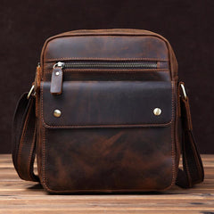 Vintage Brown Leather Messenger Bag Men's Vertical Side Bag Small Vertical Courier Bag For Men