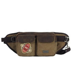 Navy Blue Canvas Leather Fanny Pack Men's Brown Chest Bag Canvas Sling Hip Bag Waist Bag For Men