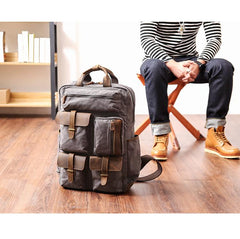 Cool Waxed Canvas Leather Mens Waterproof 15'' Backpack Gray Travel Backpack Hiking Backpack for Men - imessengerbags