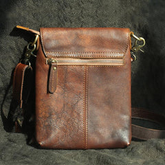 Cool Brown Leather Mens Vertical Side Bag Small Messenger Bag Courier Bag For Men