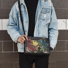 Handmade Black Tooled Floral Leather Messenger Bags Side Bag Clutch Wristlet Bag For Men - imessengerbags