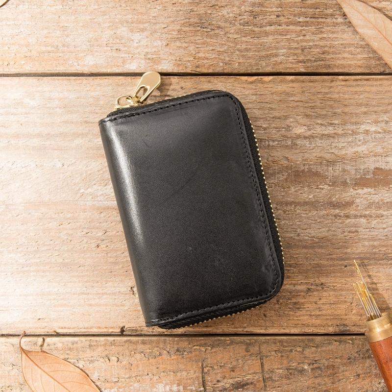 Black Leather Mens Small Card Wallet Red Zipper Card Holder Brown Zipper Coin Wallet For Men - imessengerbags