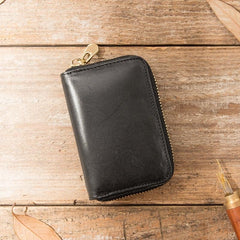 Black Leather Mens Small Card Wallet Red Zipper Card Holder Brown Zipper Coin Wallet For Men - imessengerbags