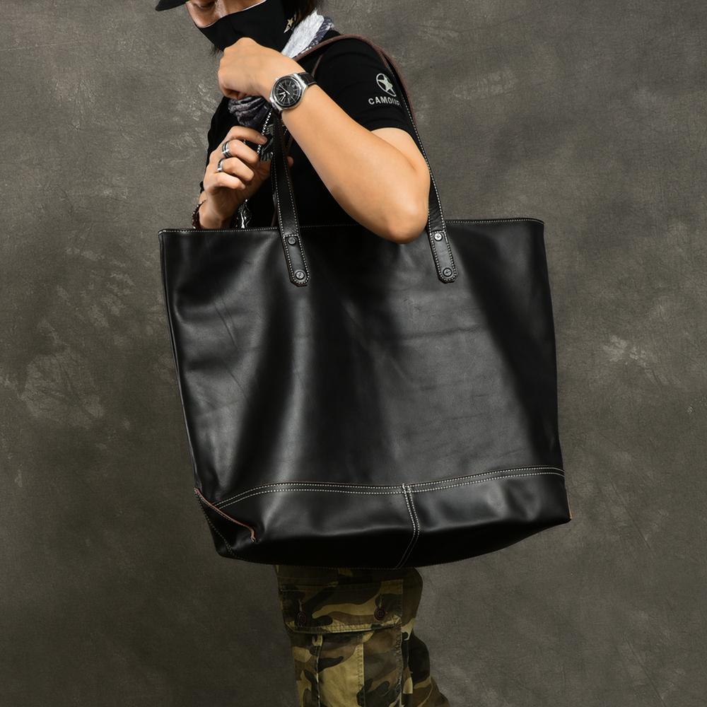 Leather Mens Womens 16" Large Shoulder Bag Black Tote Bag Large Side Bag For Men - imessengerbags