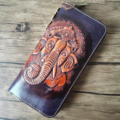 Black Handmade Tooled Tang Lion Leather Long Wallet Zipper Wallet Clutch Wallet For Men - imessengerbags