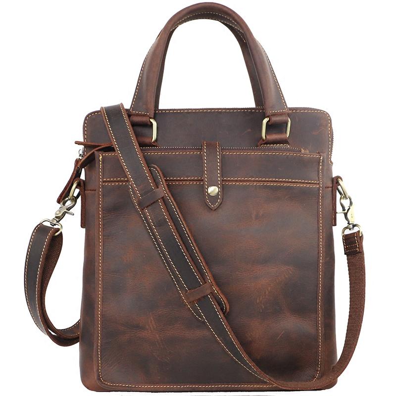 Vintage Black Mens Leather Vertical Briefcases Work Handbag Brown 10'' Computer Briefcases For Men - imessengerbags