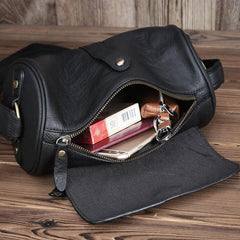 Casual Black Leather Mens Barrel Postman Bag Side Bag Bucket Messenger Bag For Men