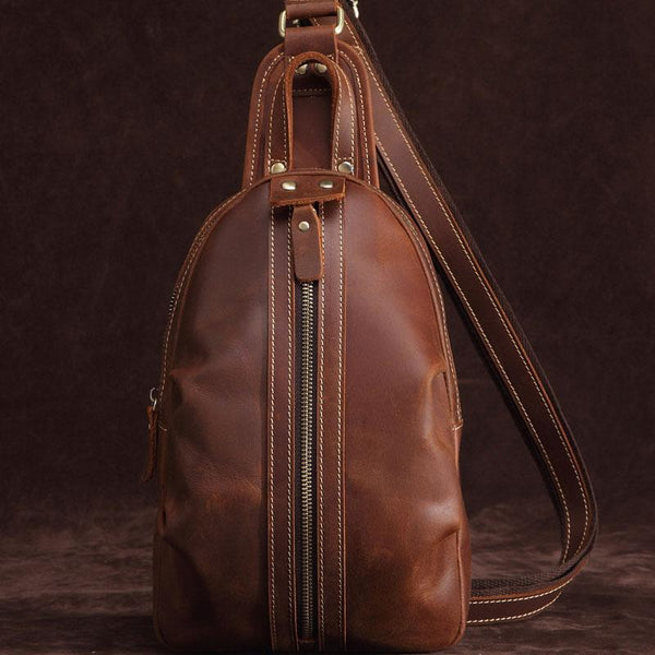 Cool Dark Brown Mens Leather One Shoulder Backpack Chest Bag Sling Bag For Mens - imessengerbags