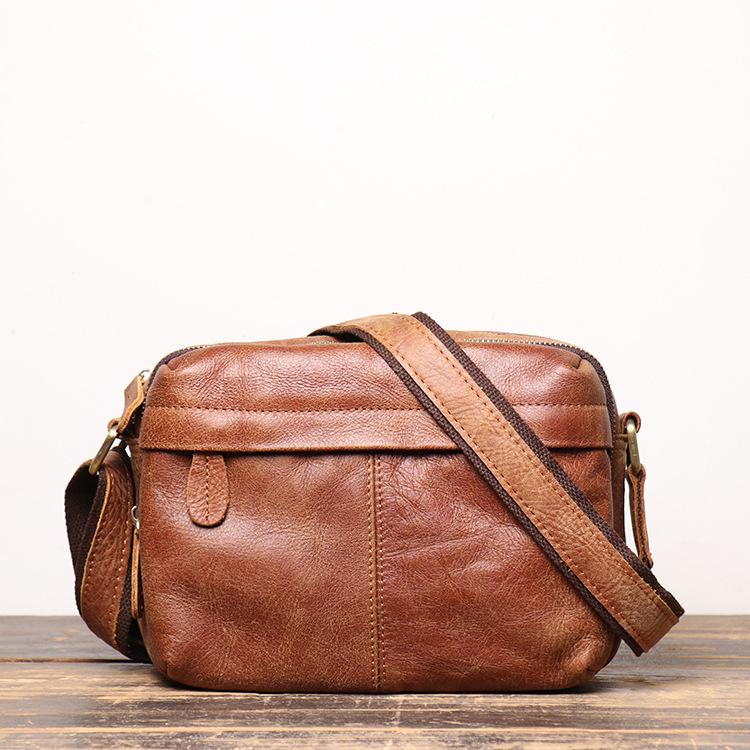 Black Leather Small Zipper Messenger Bag Courier Bag Brown Postman Bag For Men