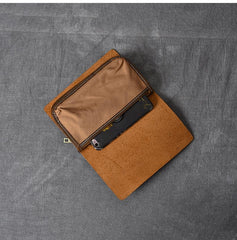 Brown Leather Mens Bifold Canvas Travel Clutch Bag Long Wallet For Men - imessengerbags