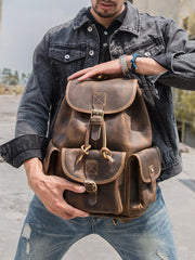 Dark Brown Cool Mens 13 inches Leather Backpacks Travel Backpacks Brown Laptop Backpack for men