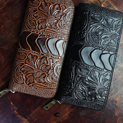 Handmade Leather Floral Mens Cool Zipper Phone Travel Long Wallet Card Holder Card Slim Clutch Wallets for Men - imessengerbags