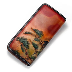 Handmade Leather Mens Clutch Wallet Cool Red-Crowned Crane Tooled Wallet Long Zipper Wallets for Men - imessengerbags