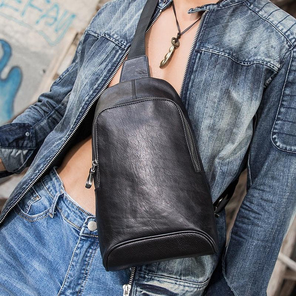 Black Cool Leather Mens Sling Bag Chest Bag Black One Shoulder Backpack Sling Pack for Men - imessengerbags