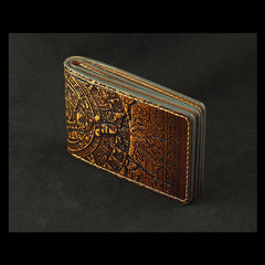 Handmade Leather Tooled Xiuhpohualli Calendar License Wallet Mens Card billfold Wallet Cool Leather Wallet Slim Wallet for Men - imessengerbags