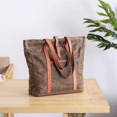 Waxed Leather Mens Womens Black 14'' Waterproof Tote Bag Handbag Tote Bag Shoulder Bag Tote Purse For Men - imessengerbags