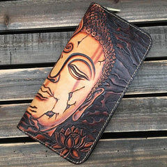 Black Handmade Tooled Leather Double Carp Clutch Long Wallet Zipper Wallet For Men - imessengerbags