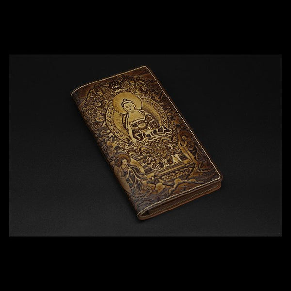 Handmade Leather Tooled Shakya Muni Buddhism Mens Long Wallet Cool Leather Wallet Clutch Wallet for Men - imessengerbags