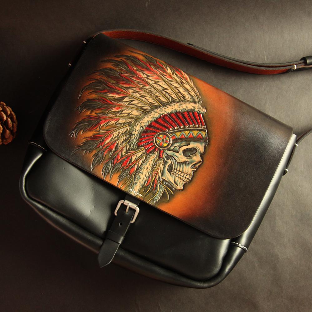 Handmade Black Tooled Indian Chief Skull Leather Courier Bag Messenger Bag For Men